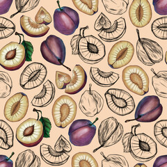 Geometric seamless pattern of ripe plums, whole and slices on a light background. Drawn by hand with colored and black pencils.