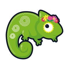 little chameleon with flowers flat style icon