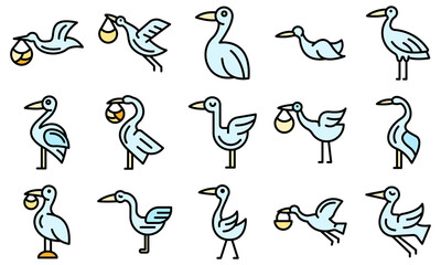 Obraz premium Stork icons set. Outline set of stork vector icons thin line color flat on white