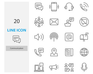 set of communication thin line icons, contact, social, email