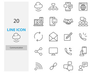 set of communication thin line icons, contact, social, email