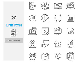 set of online marketing thin line icons, seo, ads, digital marketing