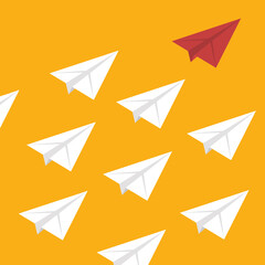Red Paper Airplane Leading White Paper Airplanes. Leadership Concept With Paper Planes.	