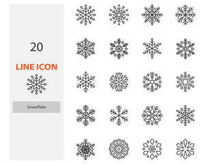 set of snowflake thin line icons, winter, snow