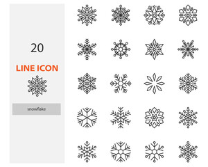 set of snowflake thin line icons, winter, snow