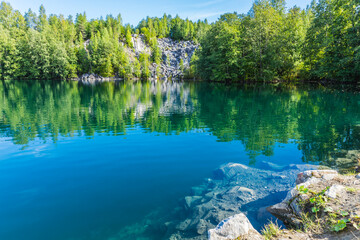 Marble Lake in Ruskeala Mountain Park. Karelia, Russia. An old abandoned quarry, which delivered stone for almost three centuries,  a monument to the industrial history 