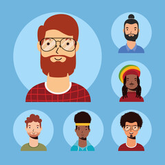young man with beard and interracial men avatar character