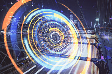 Double exposure of technology theme hologram and cityscape background. Concept of Hightech.