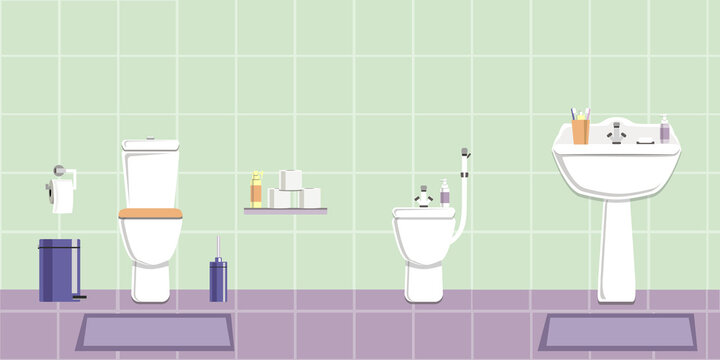 The bathroom in white and lilac tones. Vector image in the flat design style. Paper space with place for text