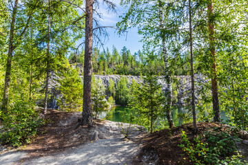 Marble Lake in Ruskeala Mountain Park. Karelia, Russia. An old abandoned quarry, which delivered stone for almost three centuries,  a monument to the industrial history 