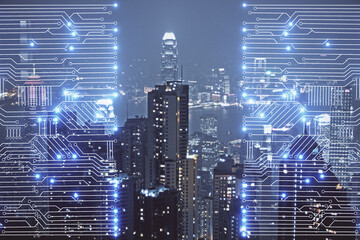 Naklejka premium Double exposure of technology theme hologram and cityscape background. Concept of Hightech.