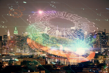 Data theme hologram drawing on city view with skyscrapers background double exposure. Ai concept.
