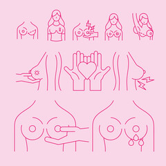 breast cancer line style set icons vector design