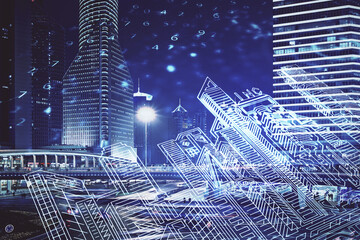 Double exposure of buildings hologram over cityscape background. Concept of smart city.