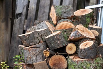 A pile of sawn wood in the yard, cool autumn, preparation for the heating season