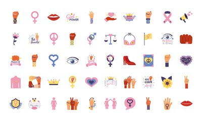 bundle of fifty feminism flat style icons - obrazy, fototapety, plakaty