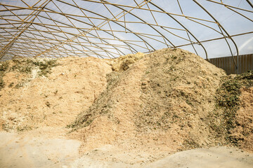Sawdust or organic fuel for greenhouse. Wood shavings mount.