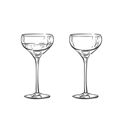 Empty and full coupe champagne glass vector drawing isolated. Hand drawn illustration black line on white, Alcohol beverage glassware doodle - obrazy, fototapety, plakaty
