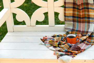 Cup of tea and warm scarf on white wooden bench, picnic in the autumn park. Fall season, weekend, teatime, still life, leisure time and tea break concept. Selective focus. Top view, copy space.