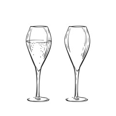 Empty and full tulip champagne glass vector drawing isolated. Hand drawn illustration black line on white, Alcohol beverage glassware doodle