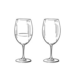 Empty and full wine glass for bordeaux vector drawing isolated. Hand drawn illustration black line on white, Alcohol beverage glassware doodle