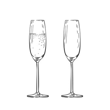 Empty and full champagne glass vector drawing isolated. Hand drawn illustration black line on white, Alcohol beverage glassware doodle