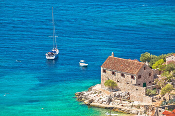 Sailing in hidden cove of Dubovica on Hvar island aerial view