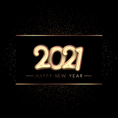 Golden foil balloon 2021 sign on black background.