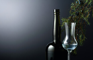 Juniper tincture or gin on a black background.