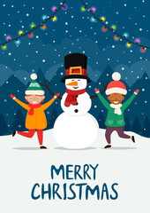 Happy kids with snowman. Holiday winter vector illustration. Christmas greeting card or party invitation.