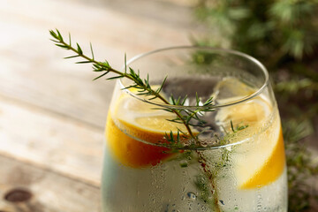 Alcohol drink (gin tonic cocktail) with lemon, juniper branch, and ice on rustic wooden table.