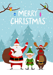 Santa Claus and Christmas elf. Cute cartoon characters. Holiday Christmas and New Year vector illustration.