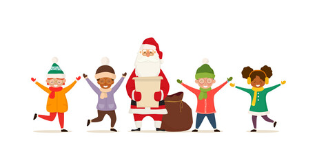 Santa Claus with happy kids. Winter fun. Christmas cartoon characters. Vector illustration isolated on white background for holiday Xmas and New Year.