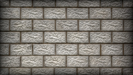 The wall of the building is made of gray concrete blocks. Aged background or wallpaper with vignetting. The seams form a pattern similar to brickwork. Dark grey construction backdrop