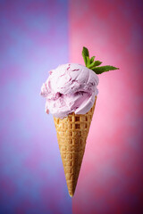 Blueberry ice cream in waffle cone.