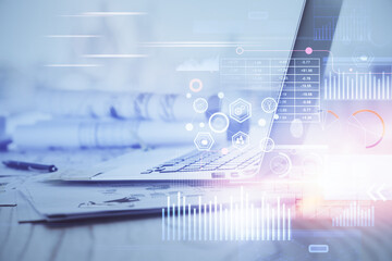 Double exposure of desktop with computer on background and tech theme drawing. Concept of big data.