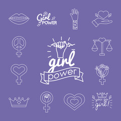 bundle of feminism line style icons in lile background