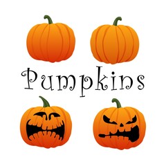 A set of pumpkins for Halloween. Two pumpkins with faces and two with faces. With signature. On a white background.