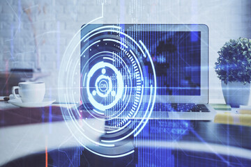 Obraz premium Multi exposure of desktop with personal computer and tech theme drawing. Concept of Bigdata.