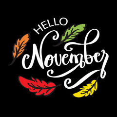 Hello November hand lettering. Poster, postcard, greeting card.