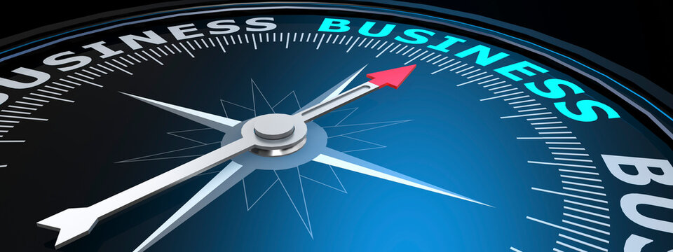 Abstract compass points to the business word