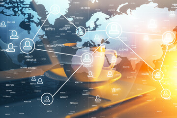 Obraz premium Computer on desktop with social network hologram. Multi exposure. Concept of international people connections.