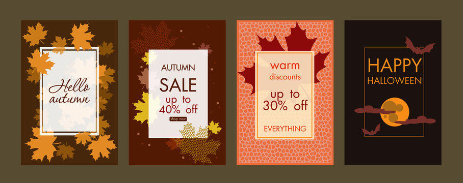 A set of art templates. Sales and discounts. Autumn topics for e-mail, social media posts, covers or pages, banner, background, poster, brochures.