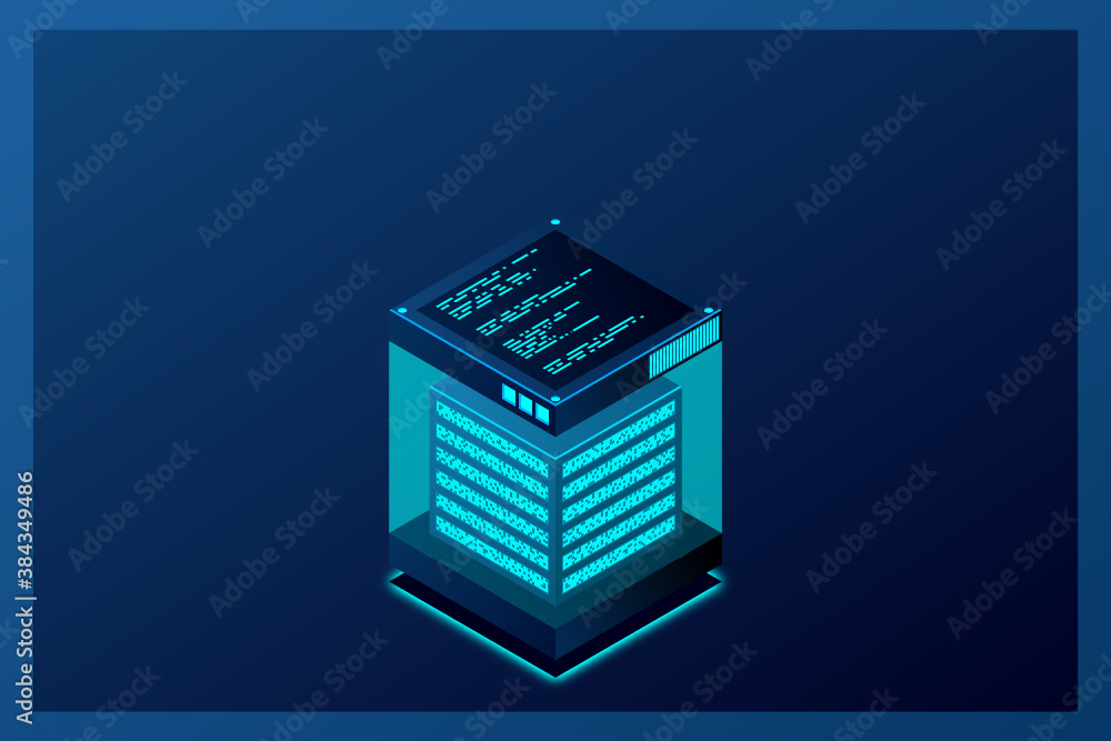 Poster isometric digital technology web banner. big data machine learning algorithms. analysis and informat