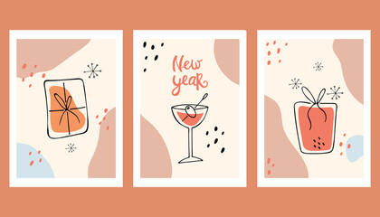 New Year. Set of abstract greeting cards in pastel colors. Minimalism. Vector illustration.