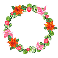 Hand drawn watercolor wreath with poinsettia, leaves,berries and Christmas balls. layout with copyspace. Isolated on white.