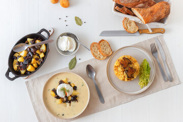 Fresh roasted boletus with mashed potatoes and kale. Thick creamy soup with fresh forest mushrooms. Favorite season mushroom lunch or dinner in Czech Republic.