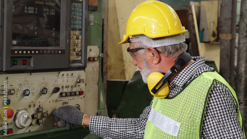 Poster smart factory worker using machine in factory workshop . industry and engineering concept.
