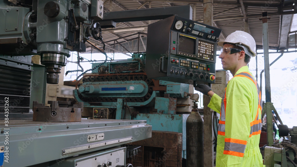 Poster smart factory worker using machine in factory workshop . industry and engineering concept.