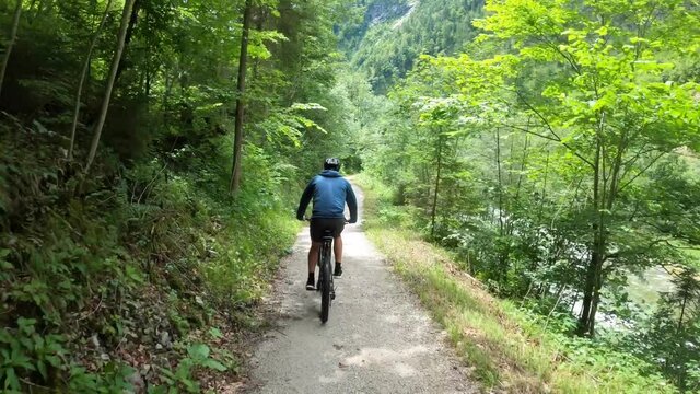 Mountain Biker MTB riding a trail through a lush forest, Austrian Alps, Ausseerland, Salzkammergut, Austria